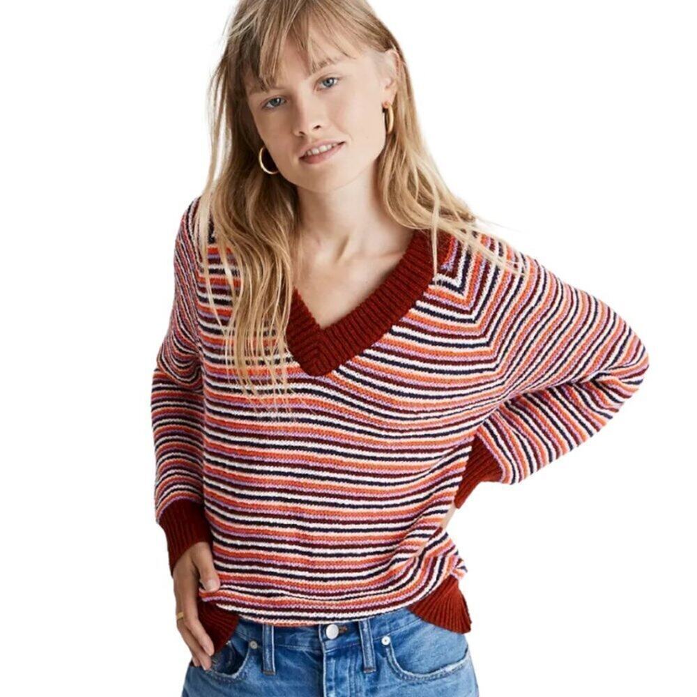 Madewell Red Stripe Arden V-Neck Crop Pullover Sweater Size S